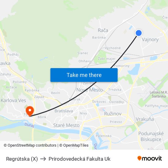 Regrútska (X) to Prírodovedecká Fakulta Uk map