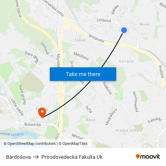 Bárdošova to Prírodovedecká Fakulta Uk map