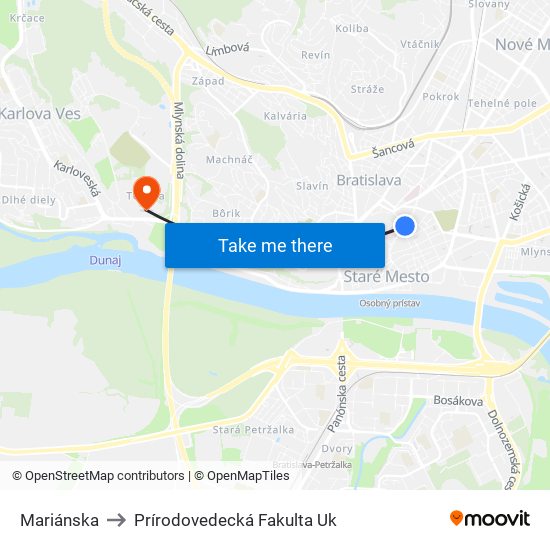 Mariánska to Prírodovedecká Fakulta Uk map