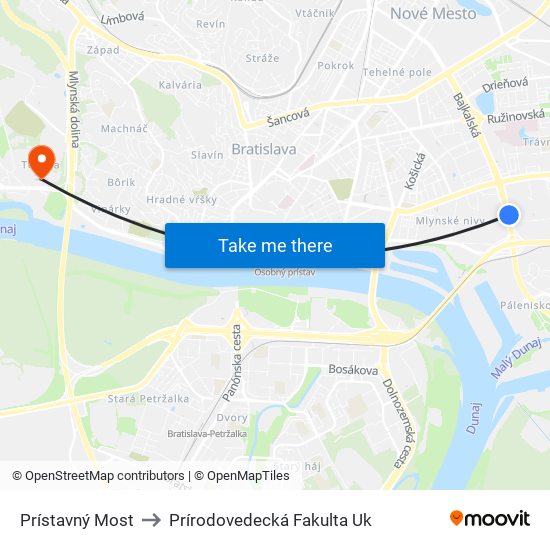 Prístavný Most to Prírodovedecká Fakulta Uk map