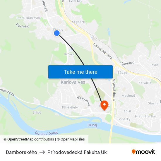 Damborského to Prírodovedecká Fakulta Uk map