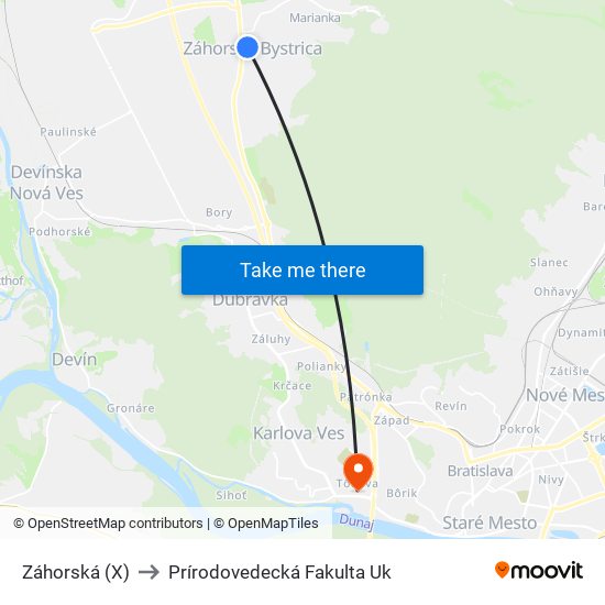 Záhorská (X) to Prírodovedecká Fakulta Uk map