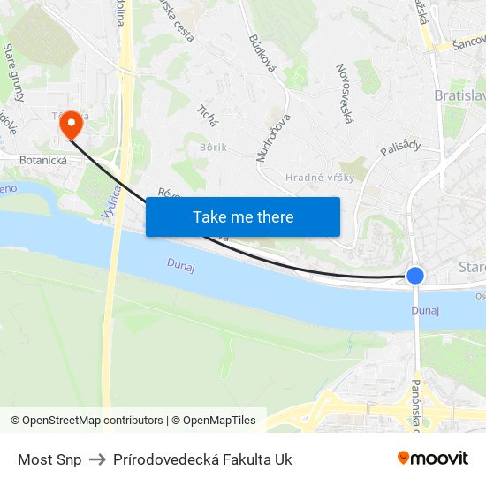 Most Snp to Prírodovedecká Fakulta Uk map