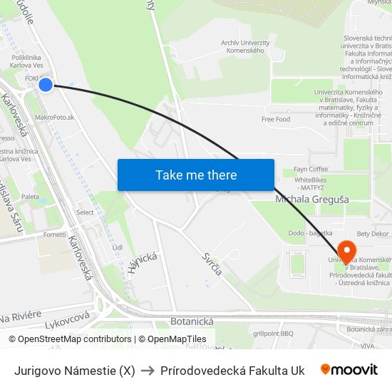 Jurigovo Námestie (X) to Prírodovedecká Fakulta Uk map