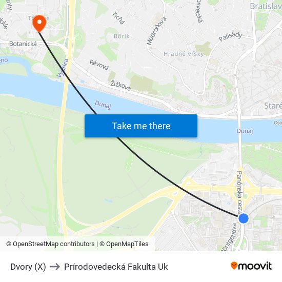 Dvory (X) to Prírodovedecká Fakulta Uk map