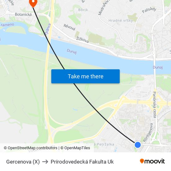 Gercenova (X) to Prírodovedecká Fakulta Uk map