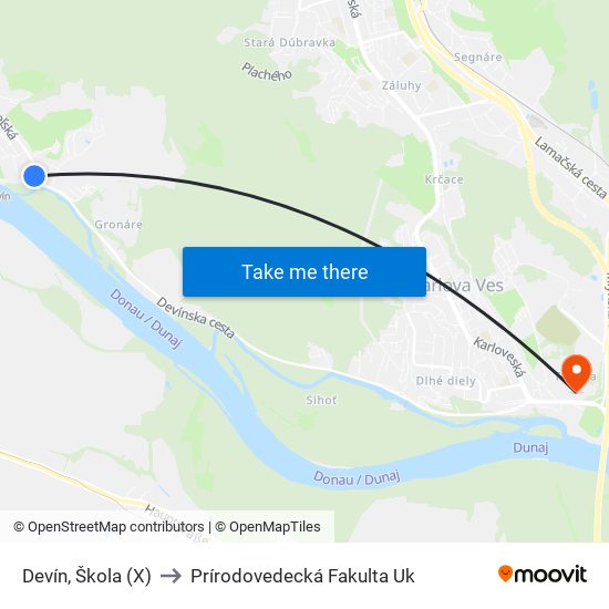 Devín, Škola (X) to Prírodovedecká Fakulta Uk map