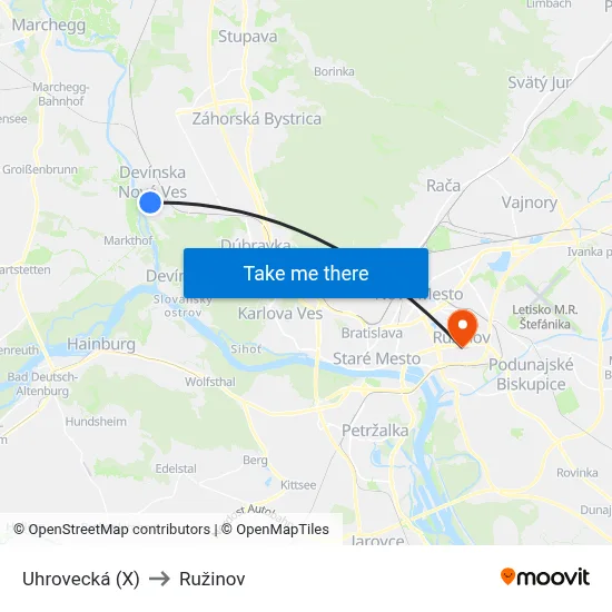 Uhrovecká (X) to Ružinov map