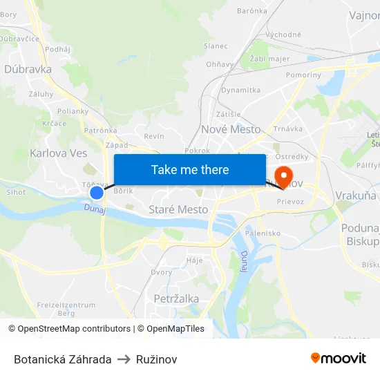 Botanická Záhrada to Ružinov map