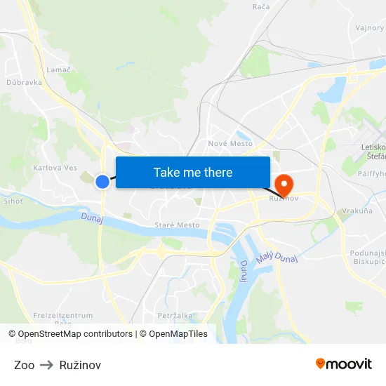 Zoo to Ružinov map