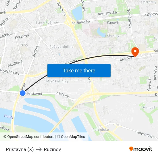 Prístavná (X) to Ružinov map