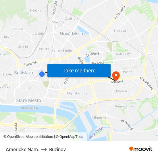 Americké Nám. to Ružinov map