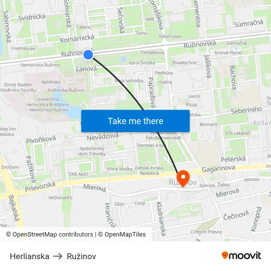 Herlianska to Ružinov map