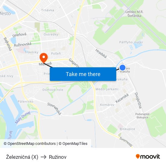 Železničná (X) to Ružinov map