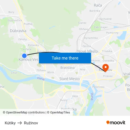 Kútiky to Ružinov map