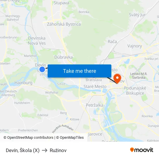 Slovanské Nábr. (X) to Ružinov map