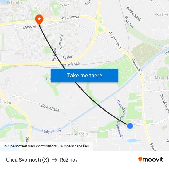 Ulica Svornosti (X) to Ružinov map