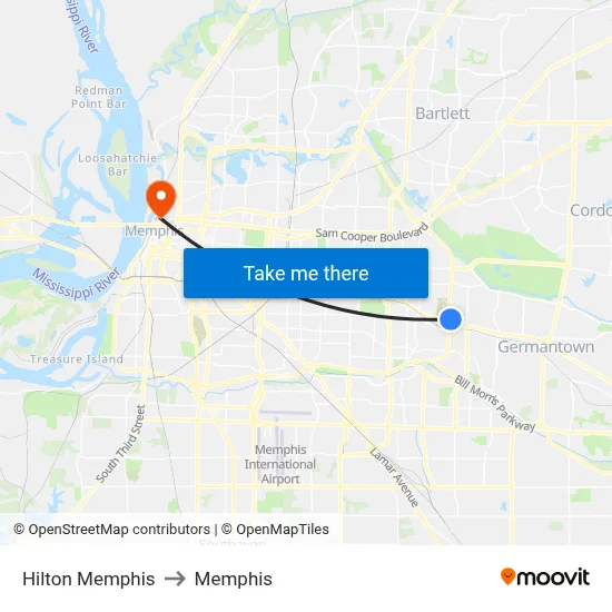 Hilton Memphis to Memphis map