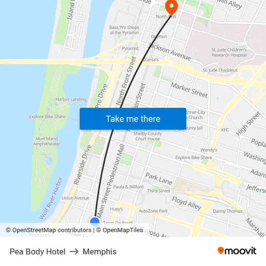 Pea Body Hotel to Memphis map