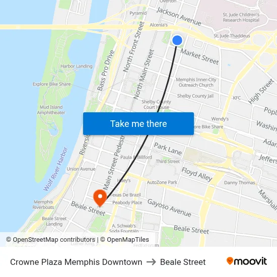 Crowne Plaza Memphis Downtown to Beale Street map