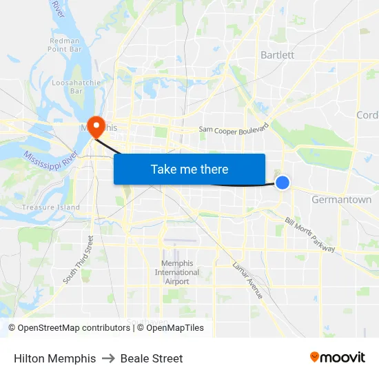 Hilton Memphis to Beale Street map