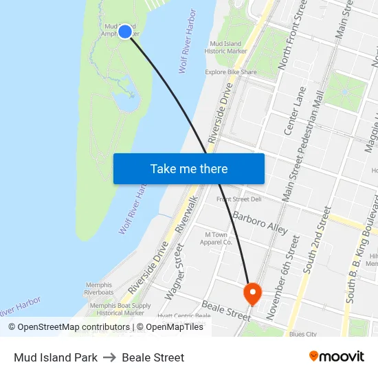 Mud Island River Park to Beale Street map