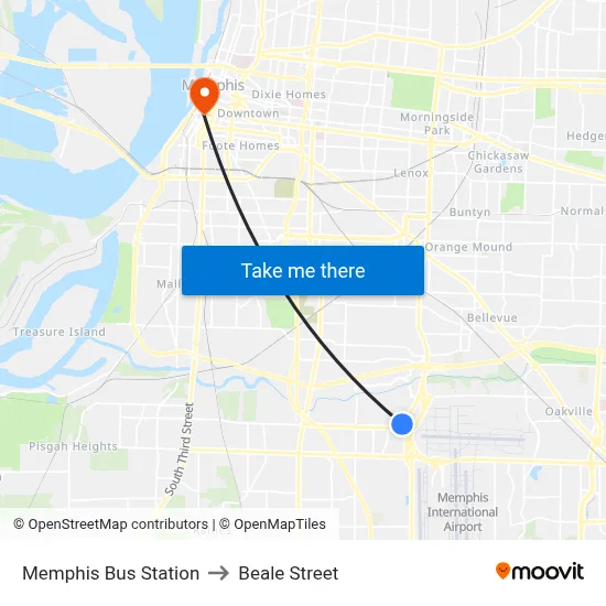 Memphis Bus Station to Beale Street map