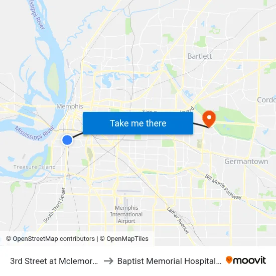 3rd Street at Mclemore Avenue to Baptist Memorial Hospital-Memphis map