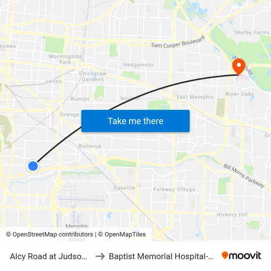 Alcy Road at Judson Street to Baptist Memorial Hospital-Memphis map