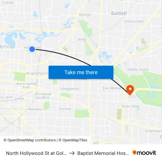 North Hollywood St at Goldenorth Avenue to Baptist Memorial Hospital-Memphis map