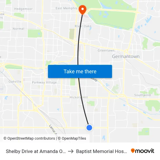 Shelby Drive at Amanda Oaks Circle West to Baptist Memorial Hospital-Memphis map