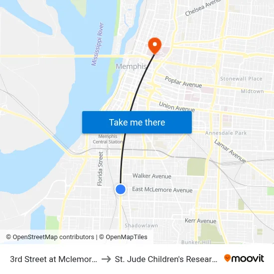 3rd Street at Mclemore Avenue to St. Jude Children's Research Hospital map