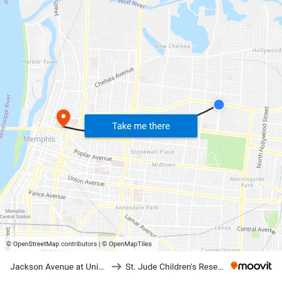Jackson Avenue at University Street to St. Jude Children's Research Hospital map