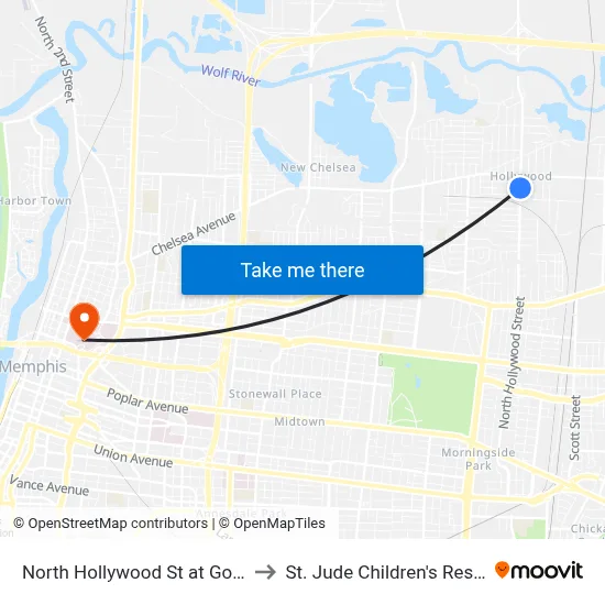 North Hollywood St at Goldenorth Avenue to St. Jude Children's Research Hospital map