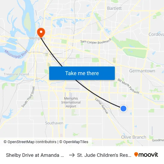 Shelby Drive at Amanda Oaks Circle West to St. Jude Children's Research Hospital map