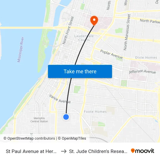 St Paul Avenue at Hernado Street to St. Jude Children's Research Hospital map