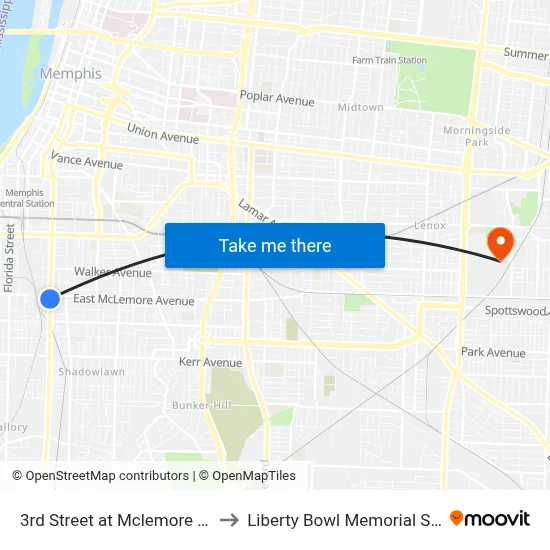 3rd Street at Mclemore Avenue to Liberty Bowl Memorial Stadium map