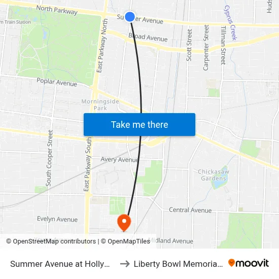 Summer Avenue  at Hollywood Street to Liberty Bowl Memorial Stadium map