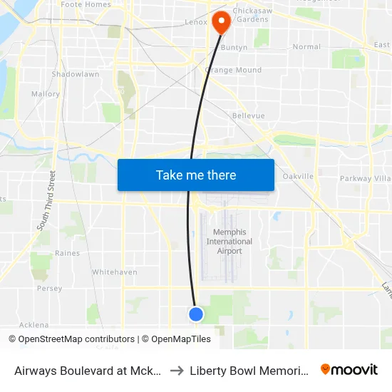 Airways Boulevard at Mckellar Woods to Liberty Bowl Memorial Stadium map