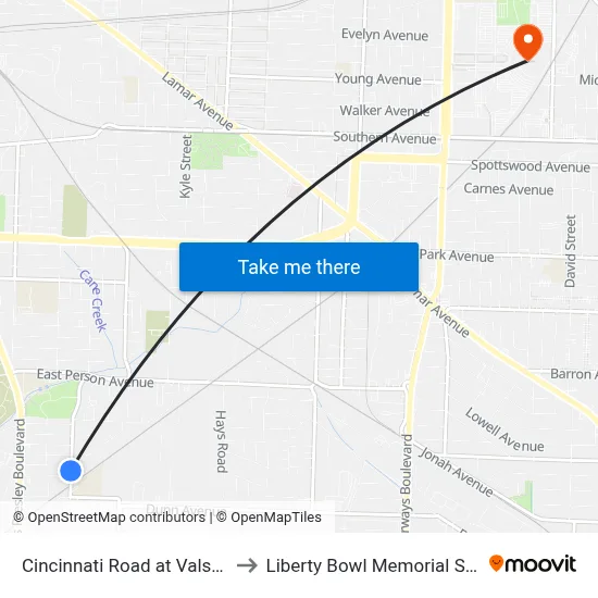 Cincinnati Road at Valse Road to Liberty Bowl Memorial Stadium map