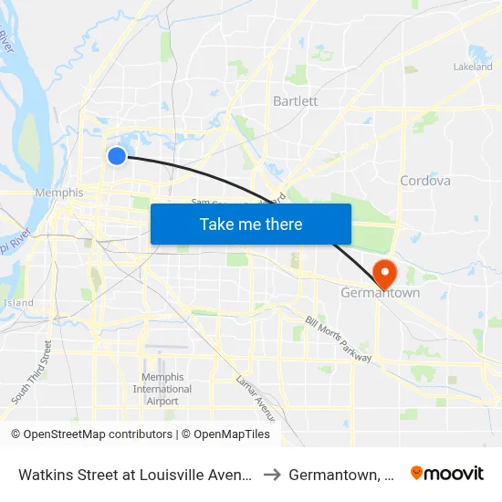 Watkins Street at Louisville Avenue to Germantown, TN map