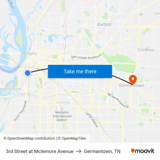 3rd Street at Mclemore Avenue to Germantown, TN map