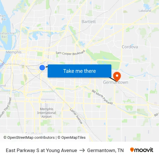 East Parkway S at Young Avenue to Germantown, TN map