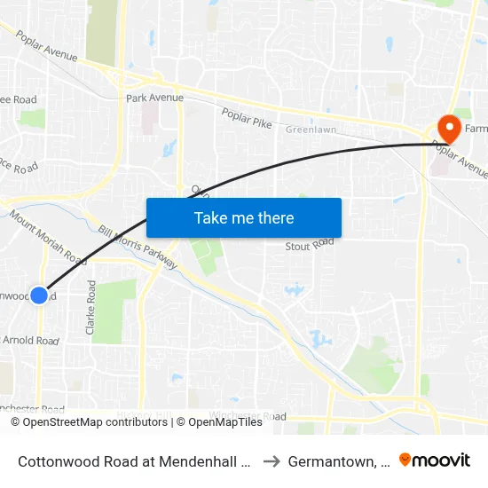 Cottonwood Road at Mendenhall Road to Germantown, TN map