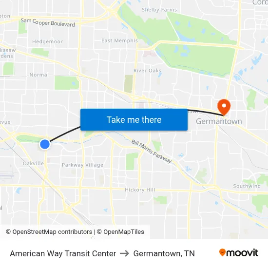American Way Transit Center to Germantown, TN map