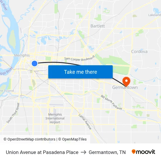 Union Avenue at Pasadena Place to Germantown, TN map