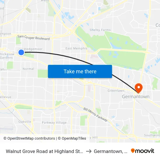 Walnut Grove Road at Highland Street to Germantown, TN map