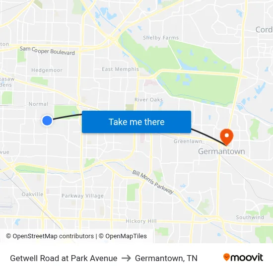 Getwell Road at Park Avenue to Germantown, TN map