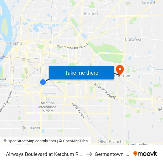 Airways Boulevard at Ketchum Road to Germantown, TN map