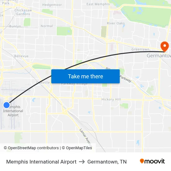 Memphis International Airport to Germantown, TN map